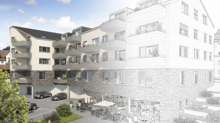 Architekturkonzept eines Mehrfamilienhauses im Übergang von der Skizze zur fertigen 3D-Visualisierung