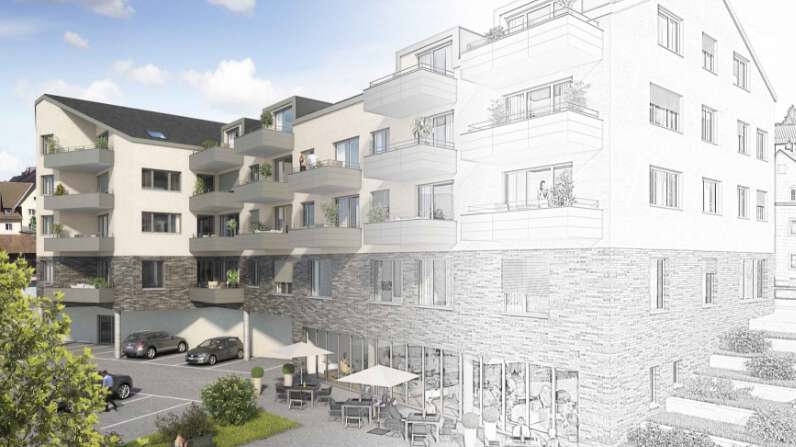 Architekturkonzept eines Mehrfamilienhauses im Übergang von der Skizze zur fertigen 3D-Visualisierung