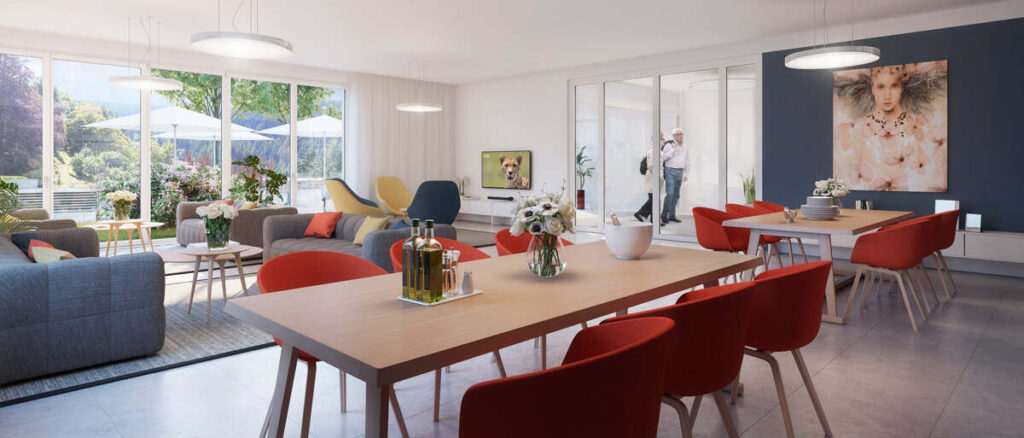 Weitere Darstellung eines Wohn- und Essbereichs im Rappenpark in Freudenstadt mit herrlicher Glasfront