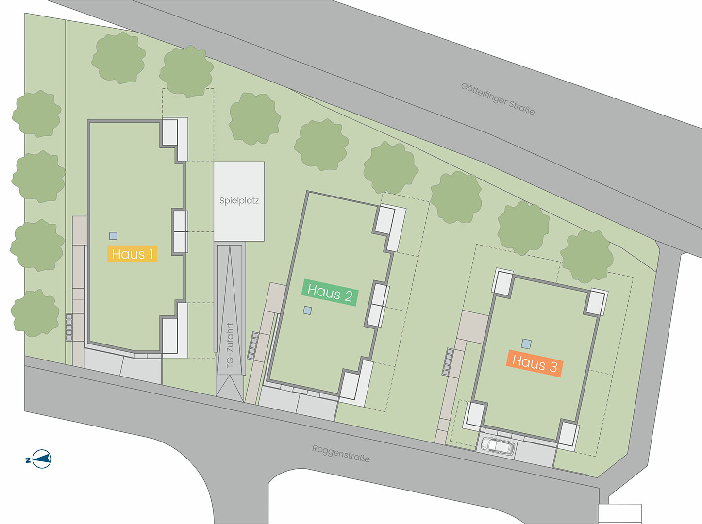 Lageplan mit drei Gebäuden, Spielplatz und Zufahrt zwischen Göttelfinger Straße und Roggenstraße