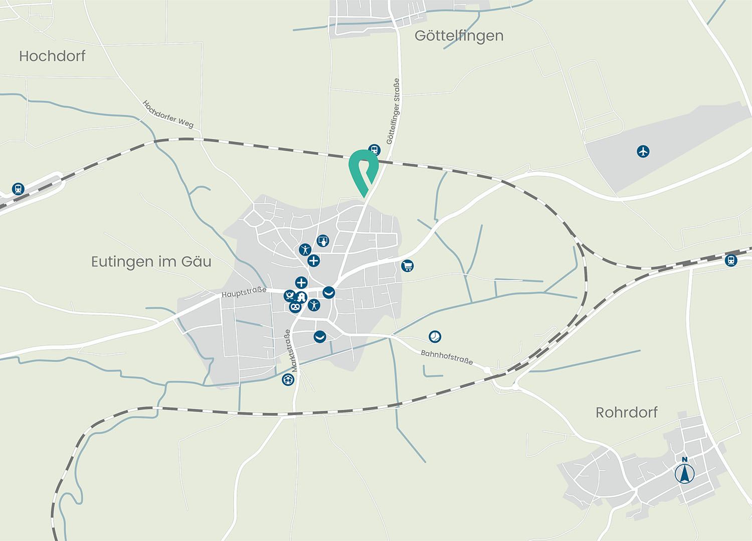 Karte von Eutingen im Gäu mit markiertem Standort nahe der Göttelfinger Straße