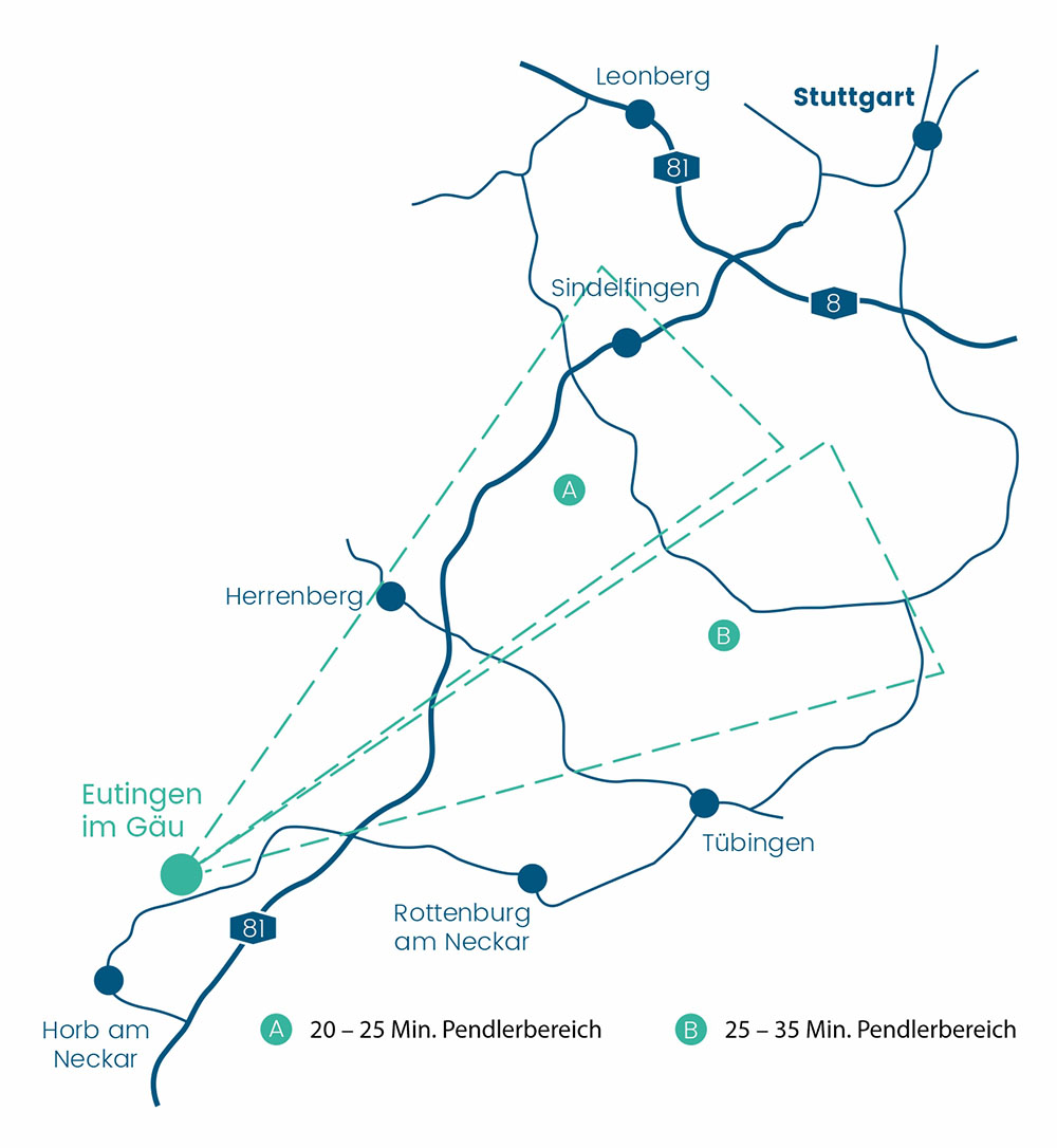 Karte des Pendlerbereichs um Eutingen im Gäu mit den Zonen A (20–25 Min.) und B (25–35 Min.)