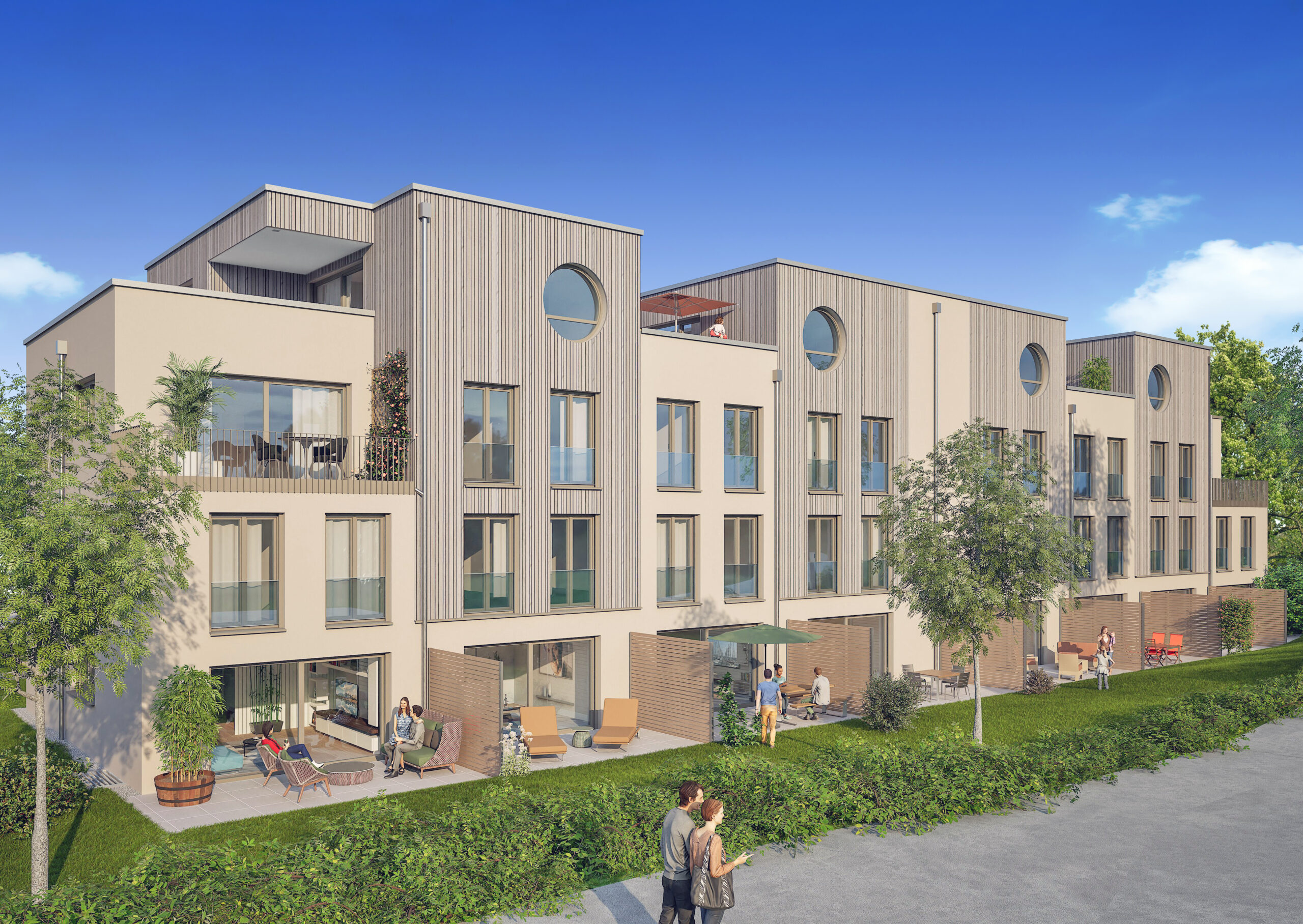 Visualisierung einer modernen IMBRO-Wohnanlage mit Holzfassade