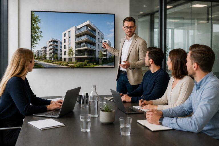 Strategisches Beratungsgespräch zur Immobilienentwicklung im Präsentationsraum bei IMBRO Immobilien