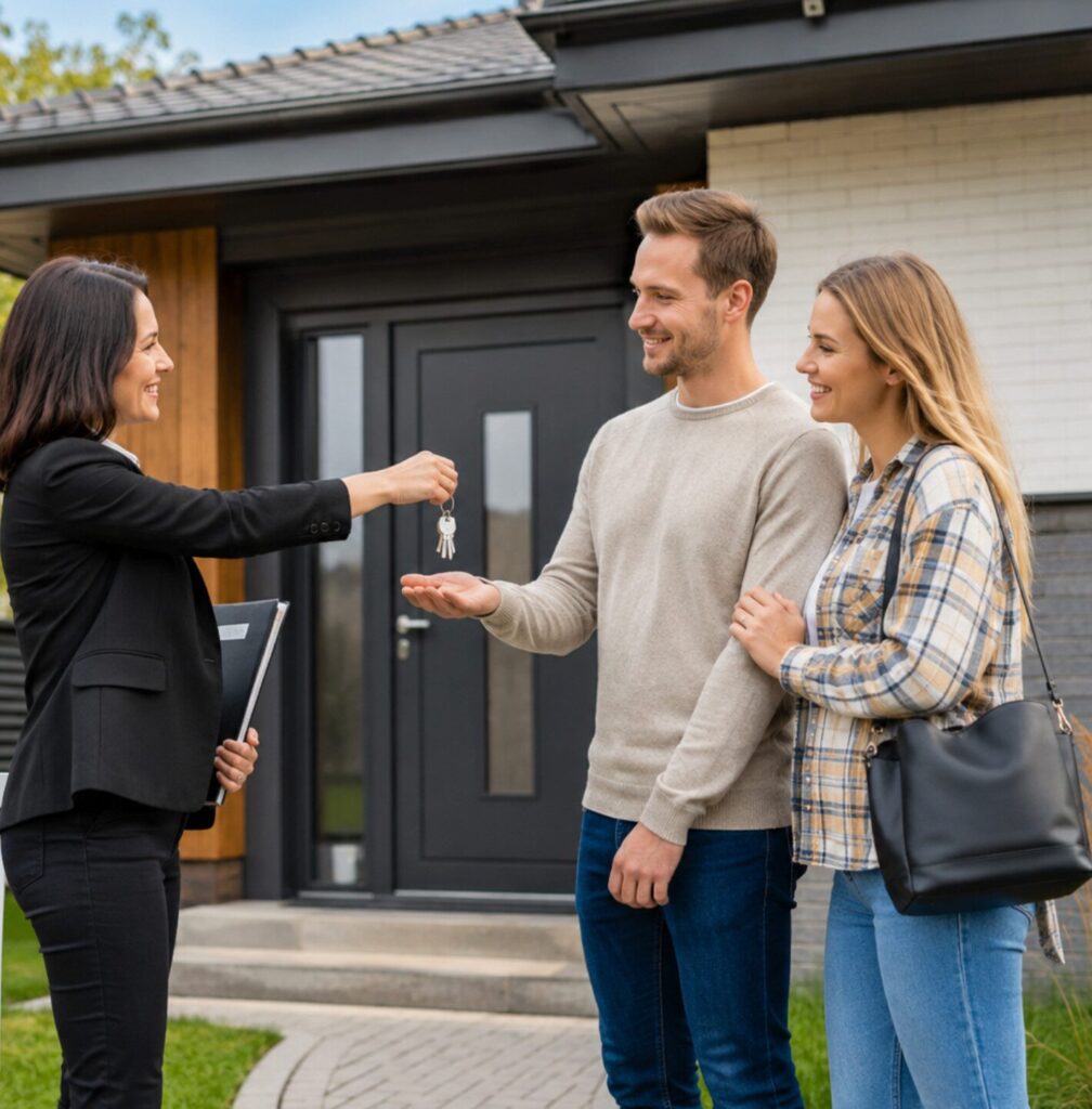 Schlüsselübergabe an ein junges Paar vor seinem neuen Zuhause